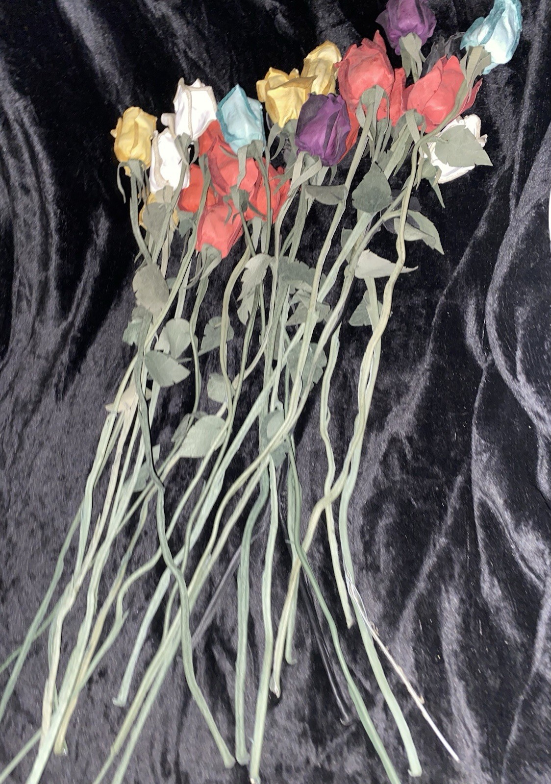 Vintage Handcrafted artificial leather roses in assorted colors with green stems