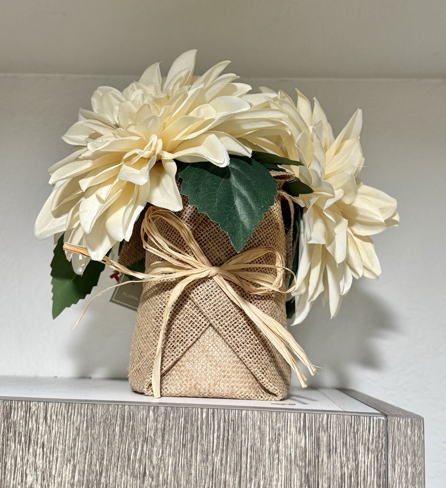 Cream Faux Dahlia Floral Arrangement Burlap Wrapped Vase Farmhouse Decor