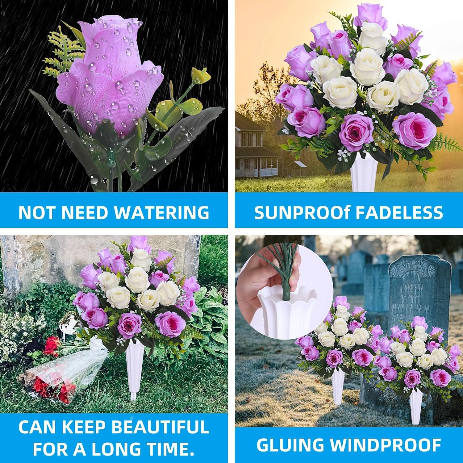 Set of 2 Artificial Cemetery Flowers with Vase,Grave Memorial Flowers,Artificial