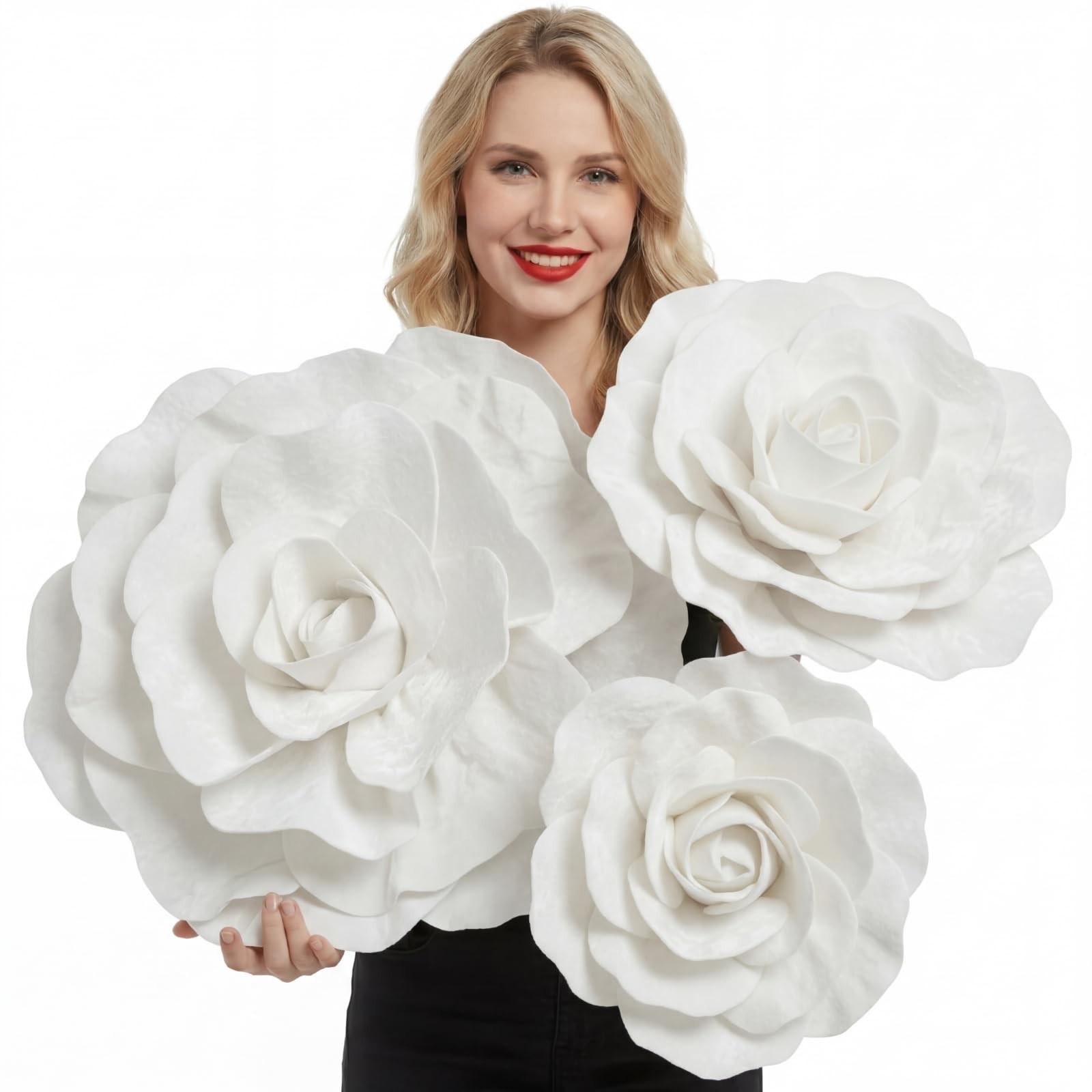 3 Pcs Giant White Velvet Roses – 12, 16, 20 Inch Paper Flowers for Wedding, Home