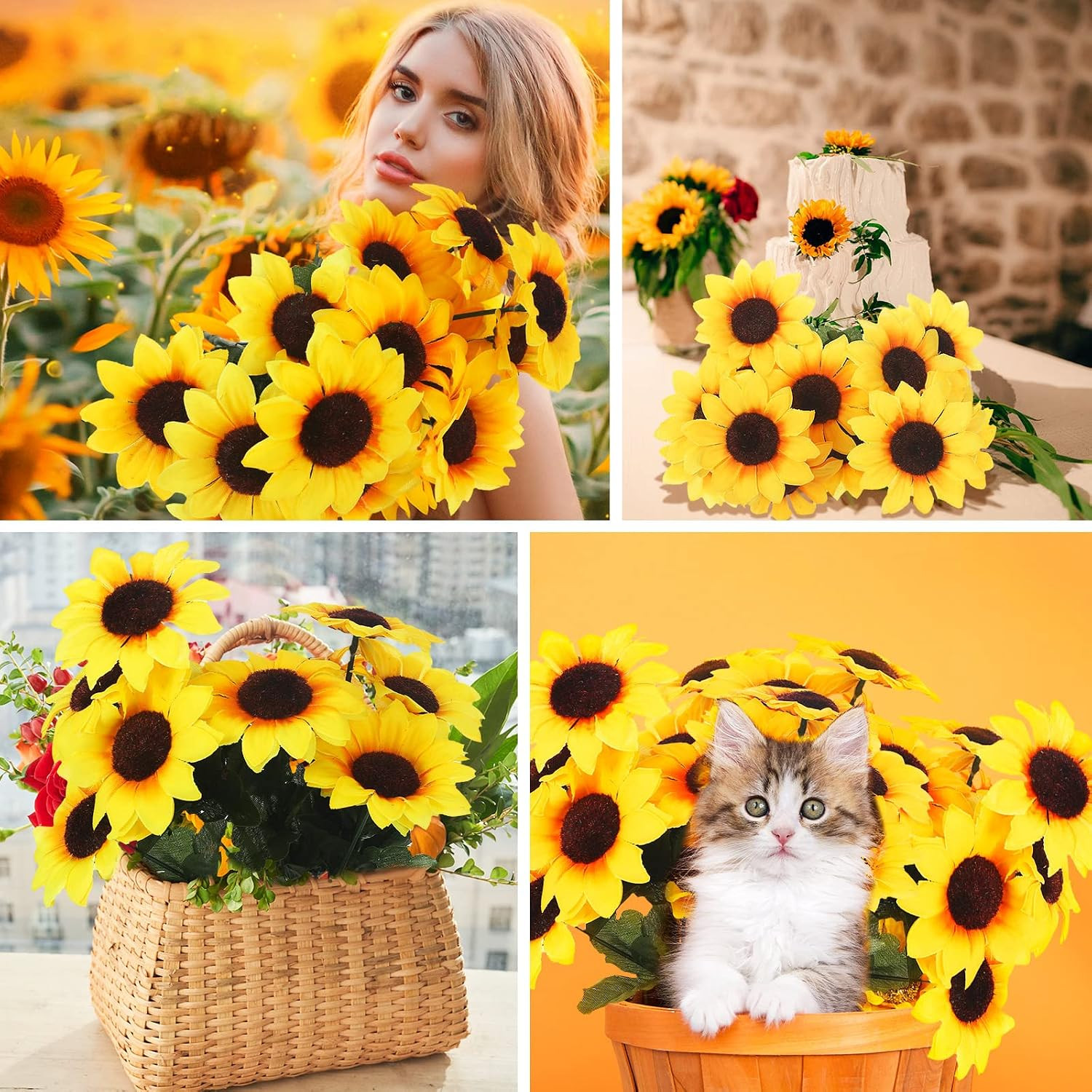 24 Bundles Yellow Sunflower Faux Mums – UV Resistant Outdoor Decor Bulk