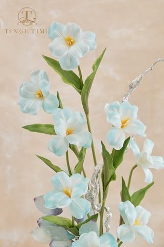 10pcs Fake Flowers, 15.3″ Blooming Tulips Artificial Flowers, Real Light Blue