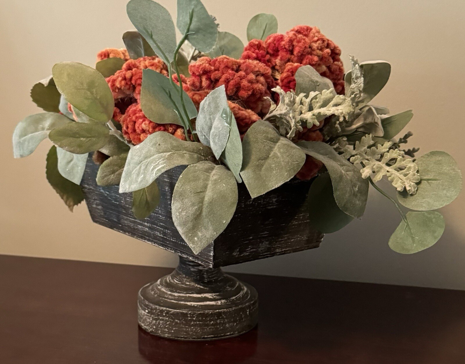 Orange Dried Floral Centerpiece Decor & Faux Green Leaves Metal Base Wooden Box
