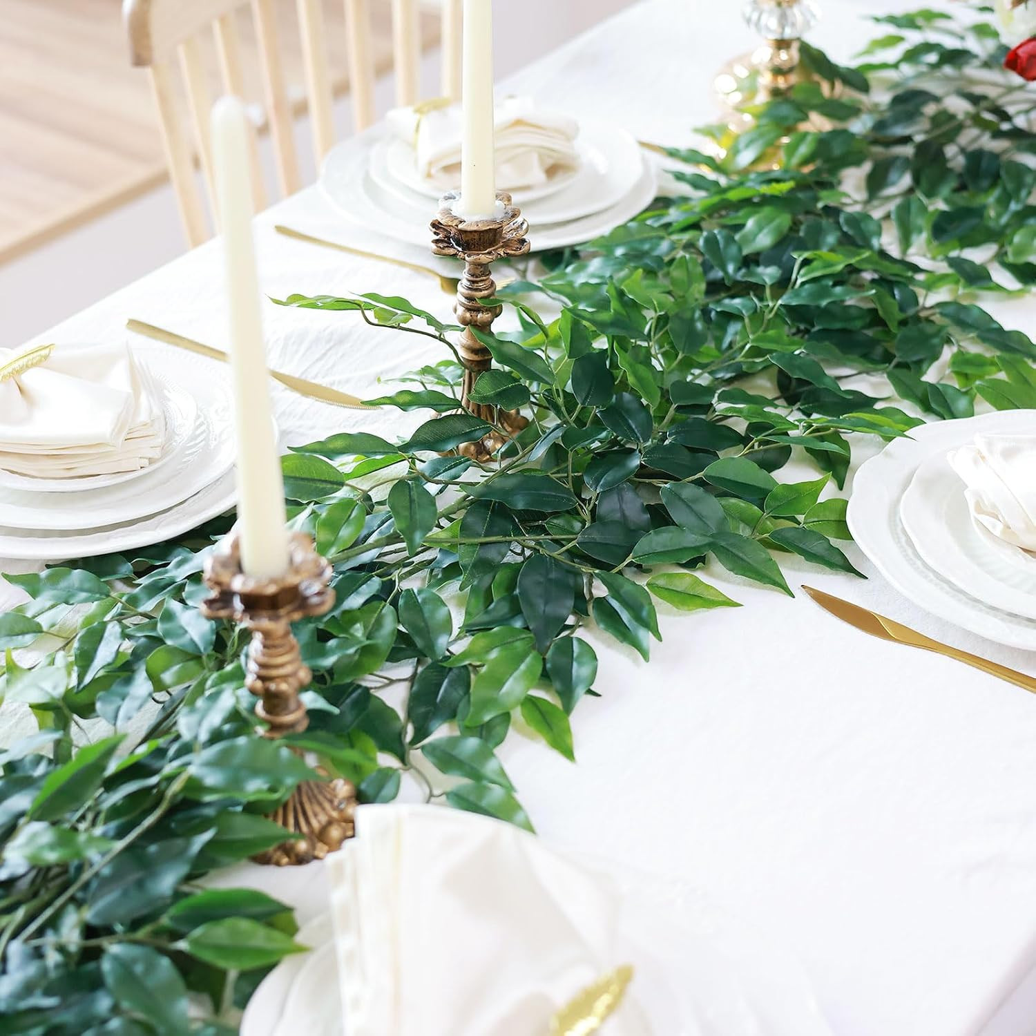 24Pcs Artificial Greenery Stems Silk Green Leaves Fake 23In Ficus Garland Spray