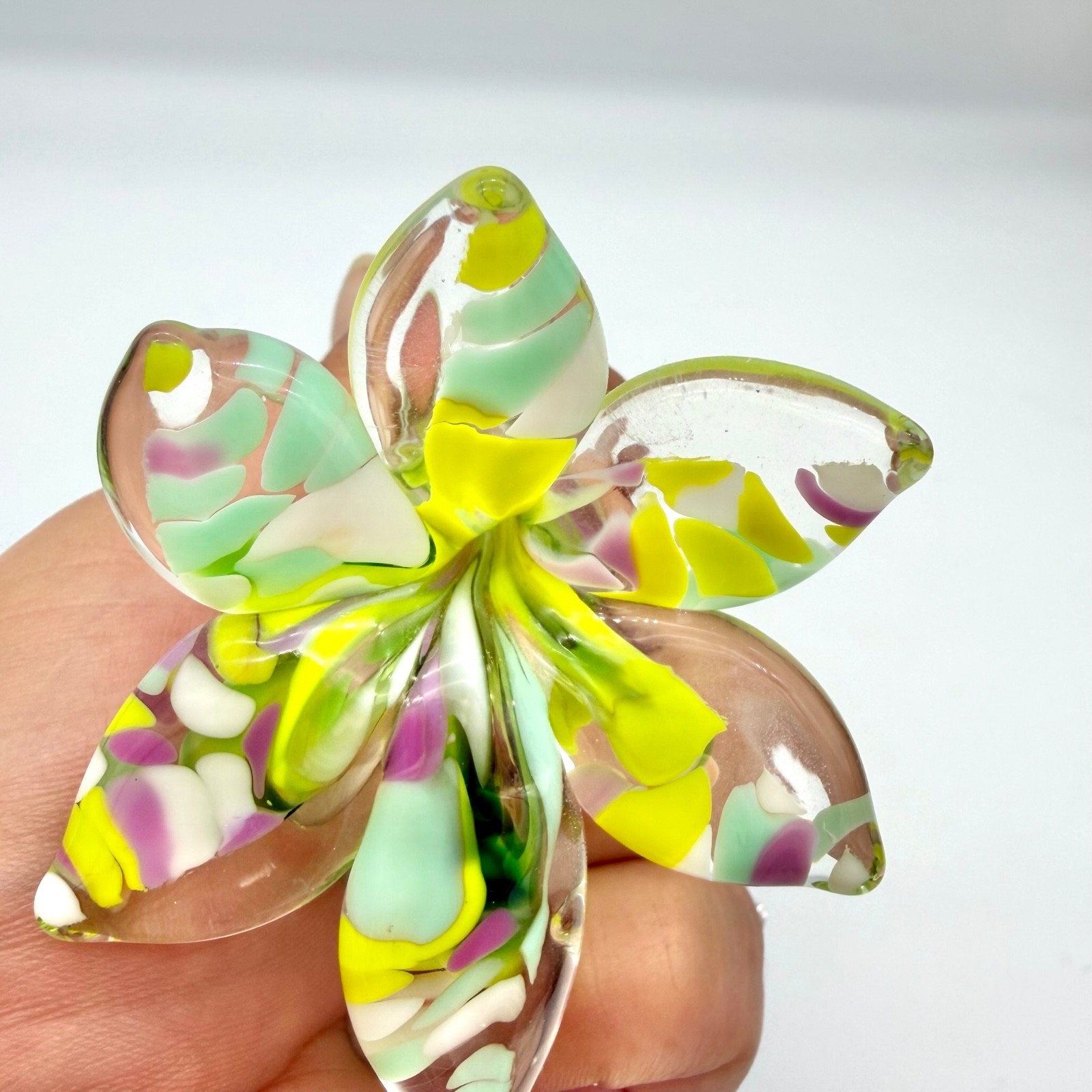 Vtg Hand Blown Art Glass Flowers Murano Style Green Purple Yellow Frit Set 2