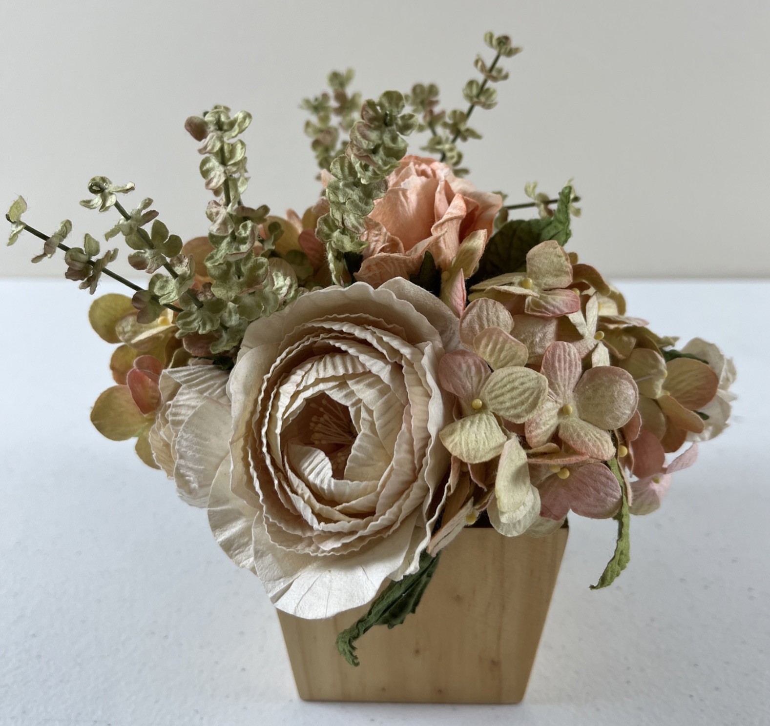 Paper Flower Arrangement With Wooden Base Hydrangeas And Roses Peach Color