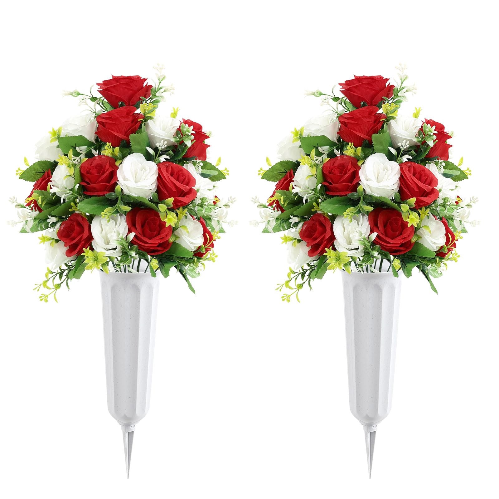 2pcs Artificial Cemetery Flowers with Vase, Silk Memorial Day Rose Flowers Bo…