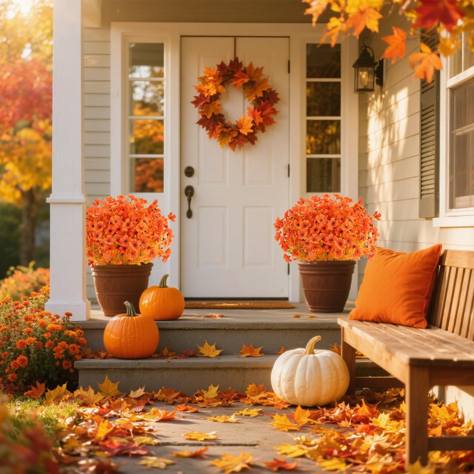 AmyHomie 16 Bundles Orange Artificial Fall Flowers for Outdoors Fall Decor