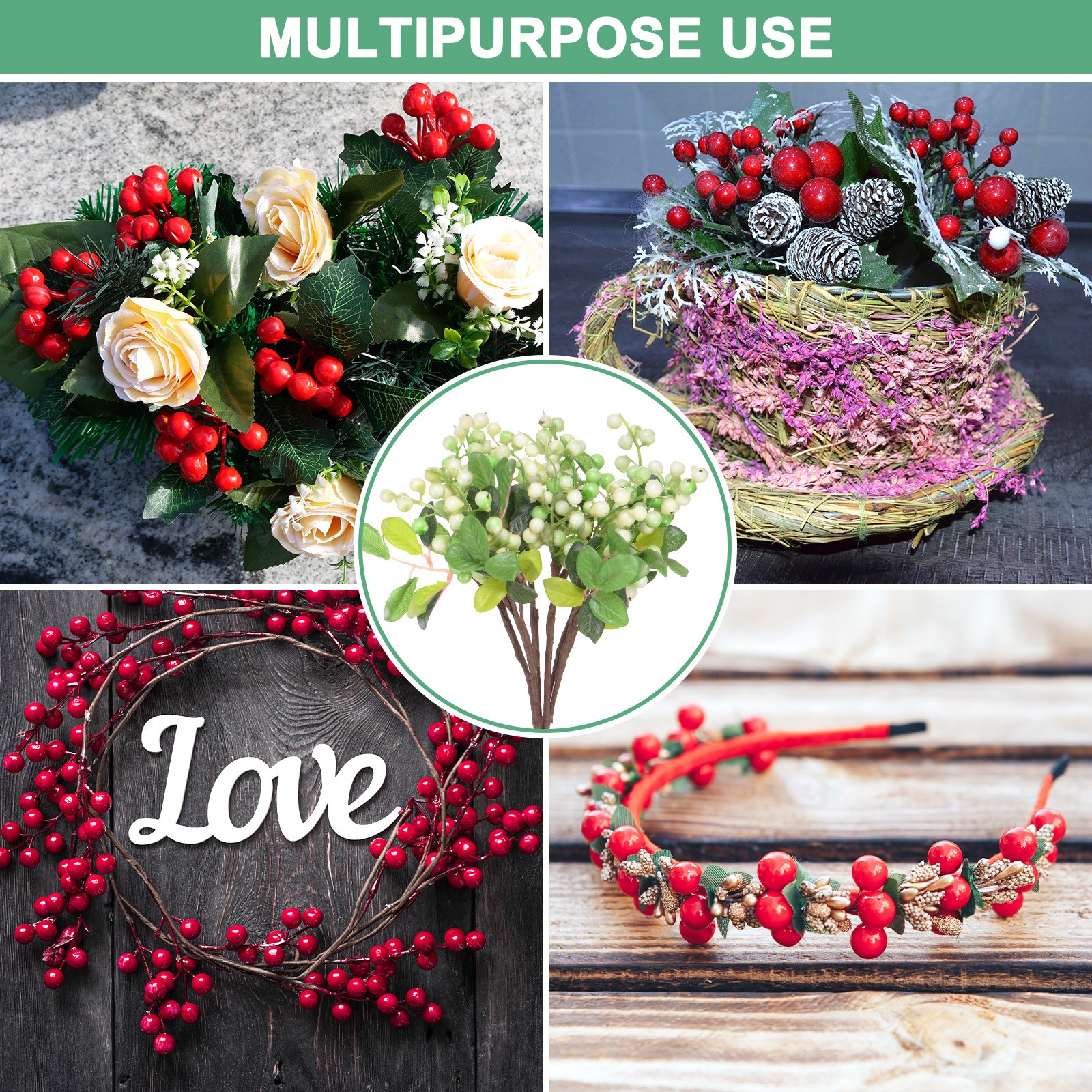 6-Pack Artificial Berry, 9.8 Inch for Home Decor/Wedding [White Green]
