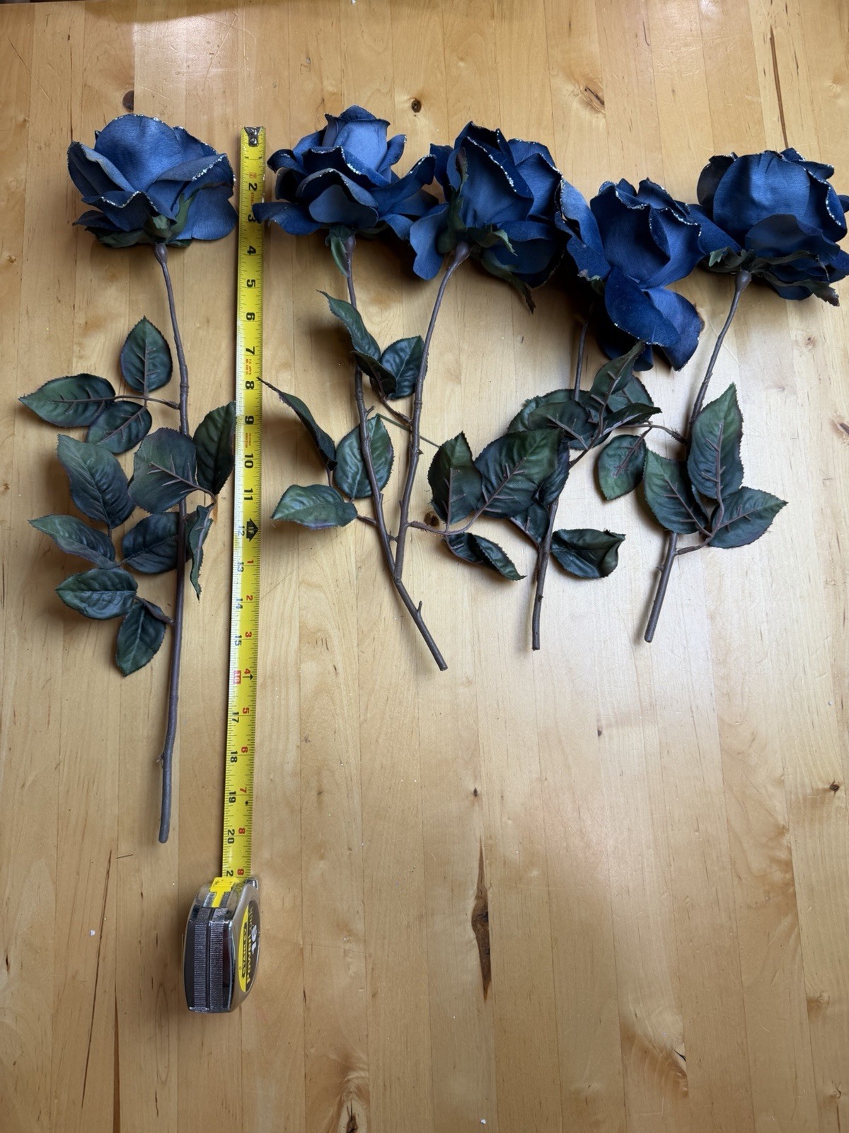 Set of 5 Navy Blue Velvet Roses Glitter Edge Long Stem Artificial Flowers 20”