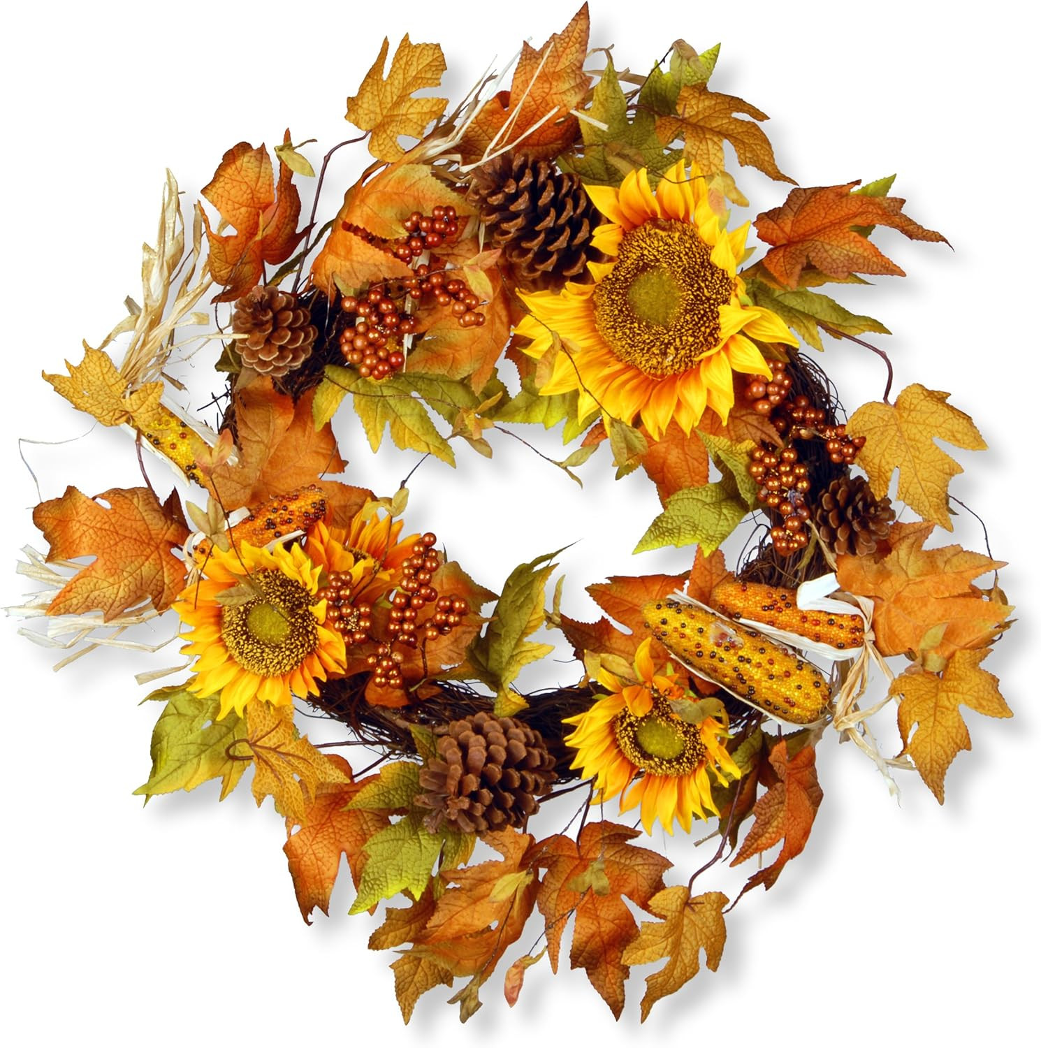 Company Artificial Autumn Wreath, Decorated with Sunflowers, Pinecones, Berry Cl
