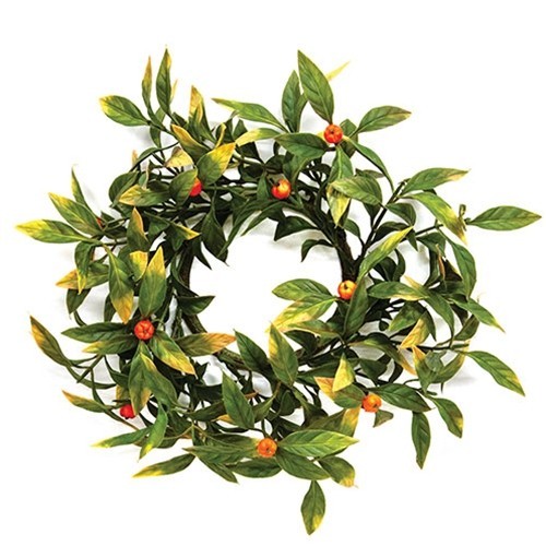 NEW Primitive FALL CANDLE RING BERRY Leafy BUTCHERS BROOM 3.25″ x 10″ Harvest