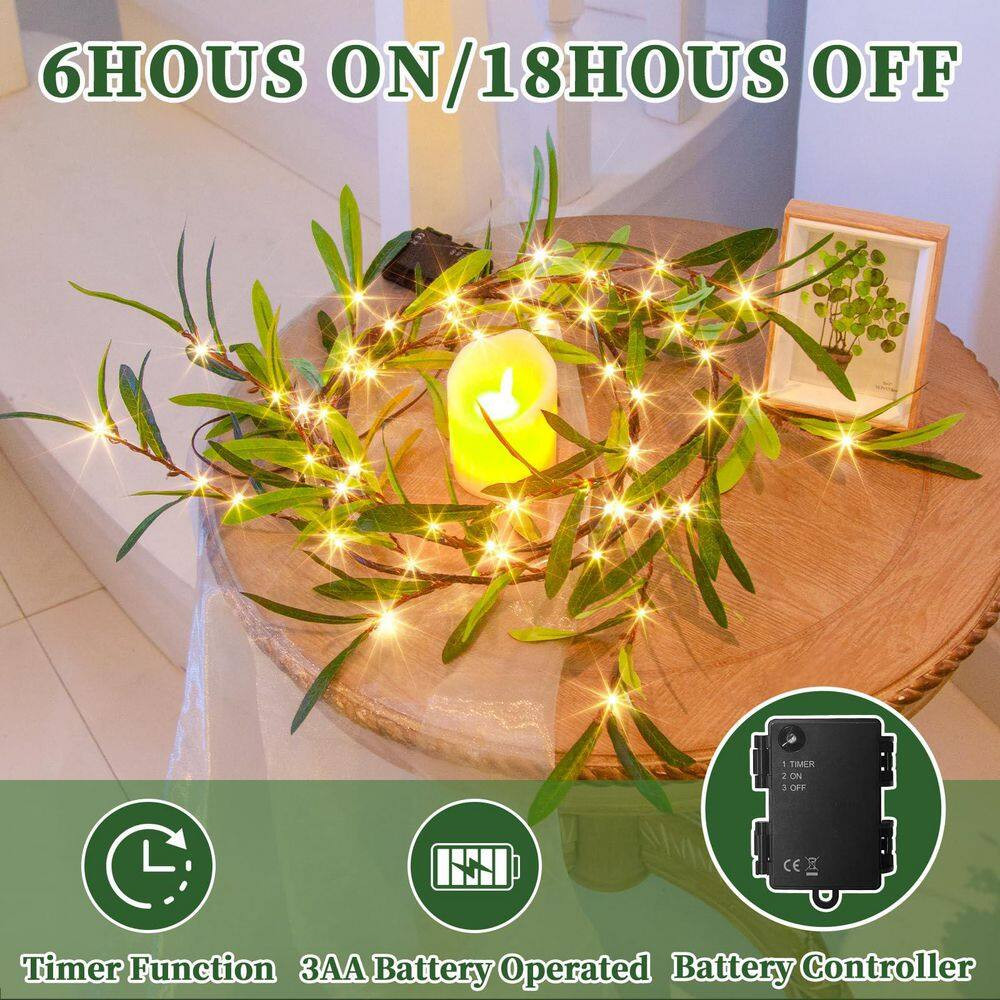 2.13 In. 6 In. Green Artificial Olive Vine Lighted Garland with 72 LED Lights an