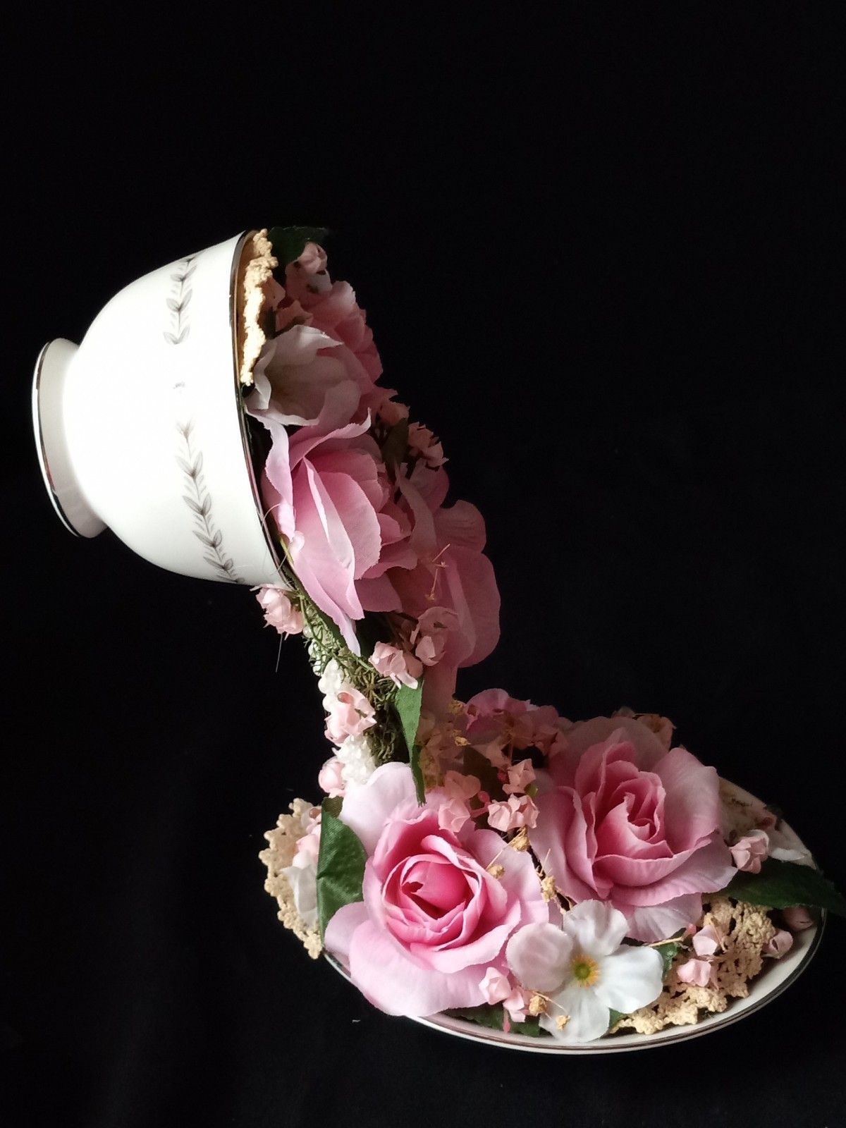 New Floral China Floating Teacup W Pink Floral Arrangement 8″ Tall #B FL#2