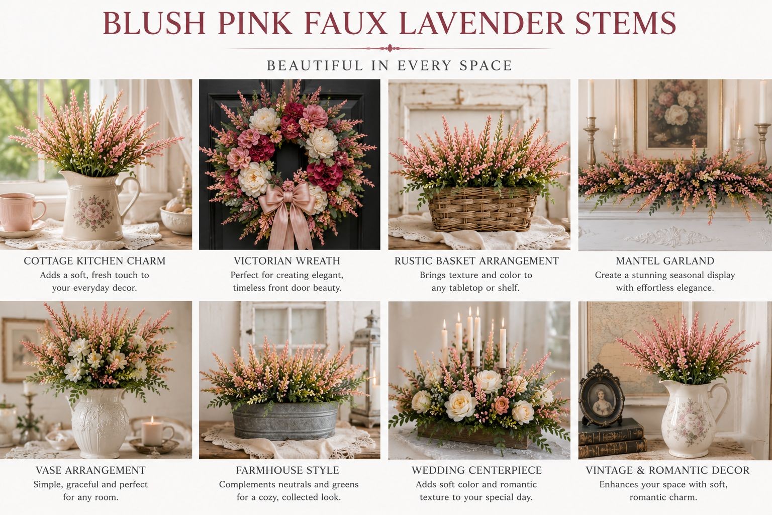 Blush Pink Faux Lavender Stems Artificial Heather Bush Floral Filler Wreath Flow