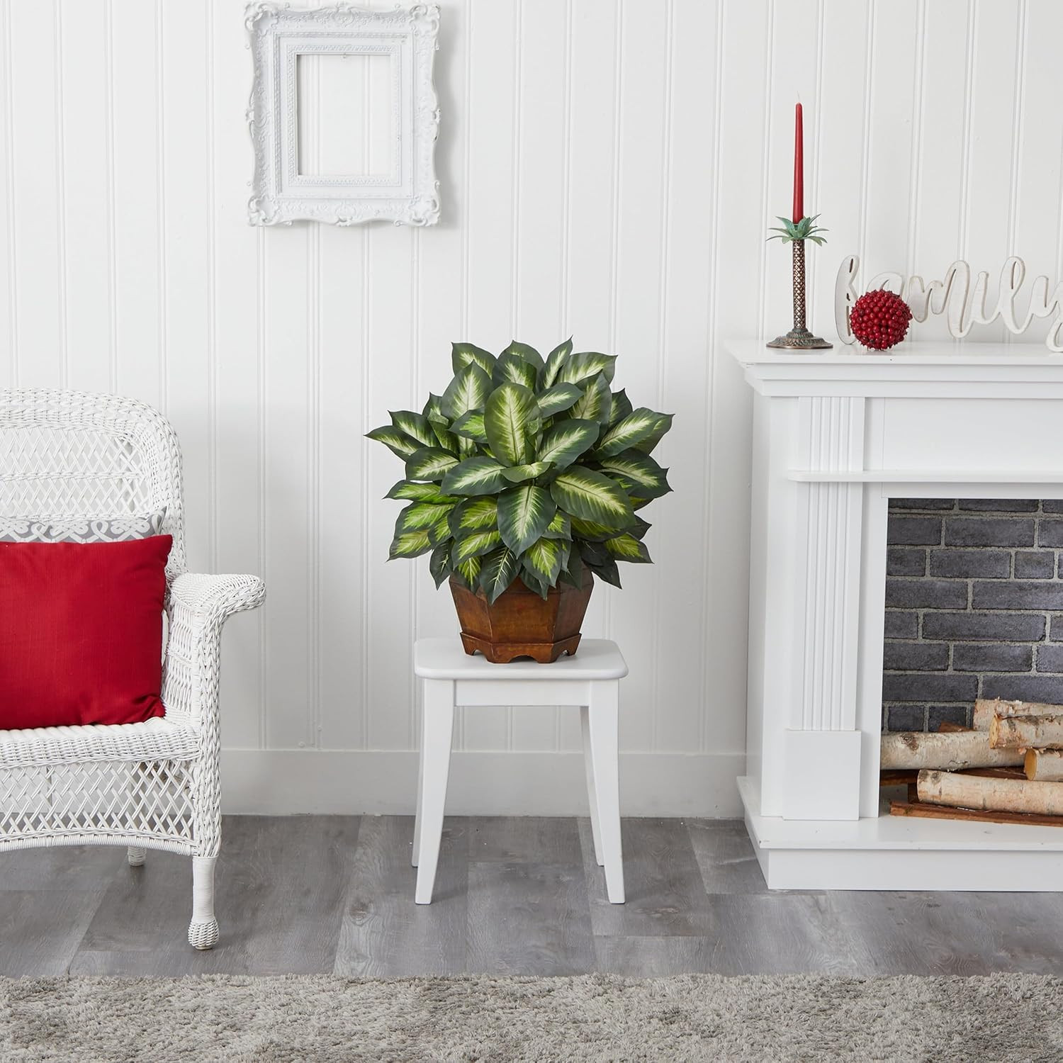 24In Artificial Dieffenbachia Silk Plant with Modern Hexagon Planter, Maintenanc