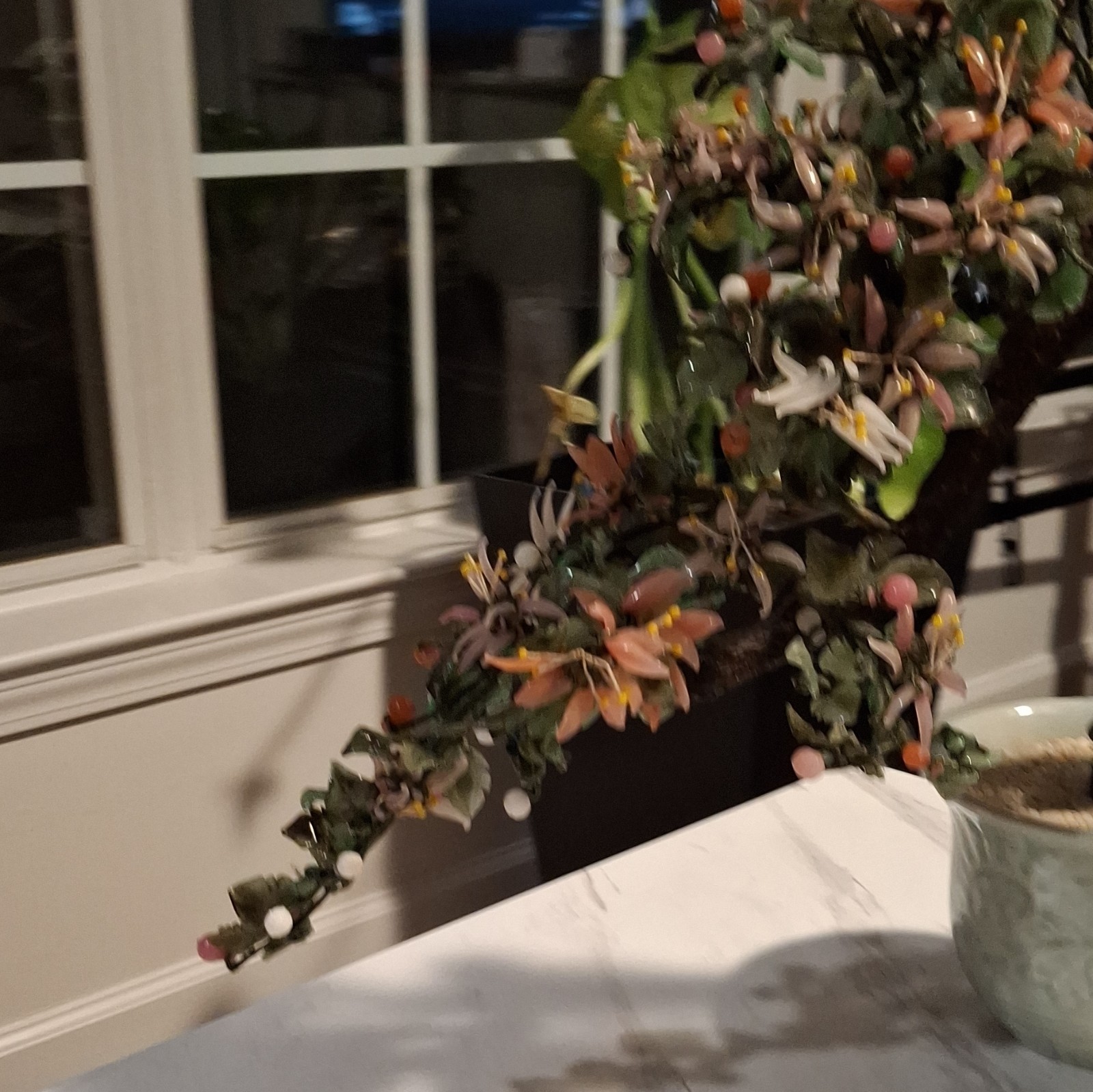 Vintage XLarge Chinese Jade Quartz Bonsai Tree Celadon 19×36” CHERRY Blossoms.
