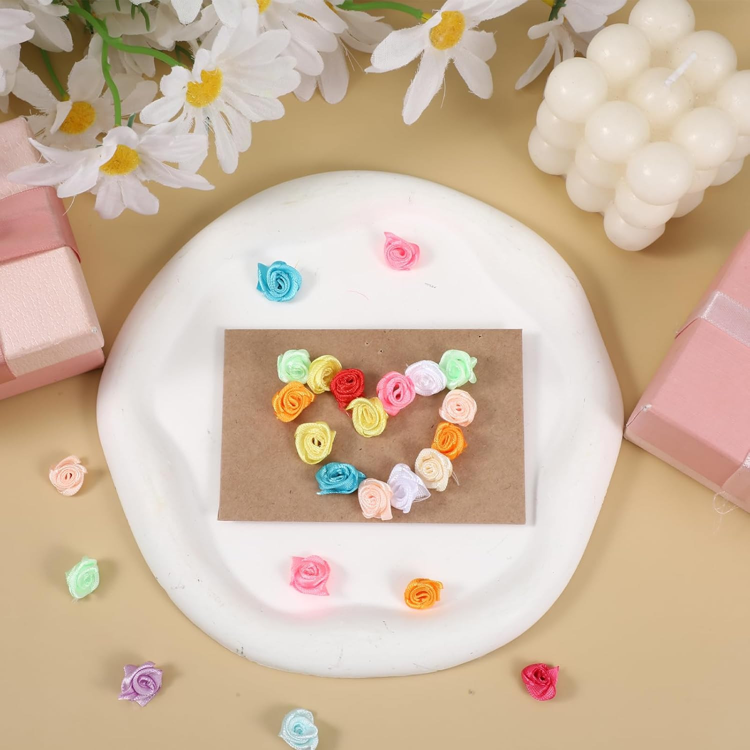 300 Pcs Mini Roses for Crafts, Satin Ribbon Roses, Multicolor Mini Rose Flowers,