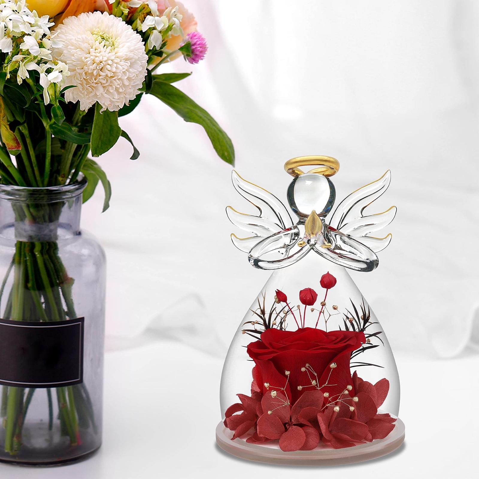 Preserved Flower Rose Gifts in Glass Angel Figurines,Birthday Gifts for Women…