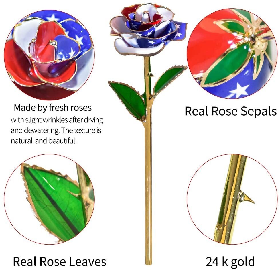 American Flag Patriotic 24K Gold Dipped Long Stem Forever Rose