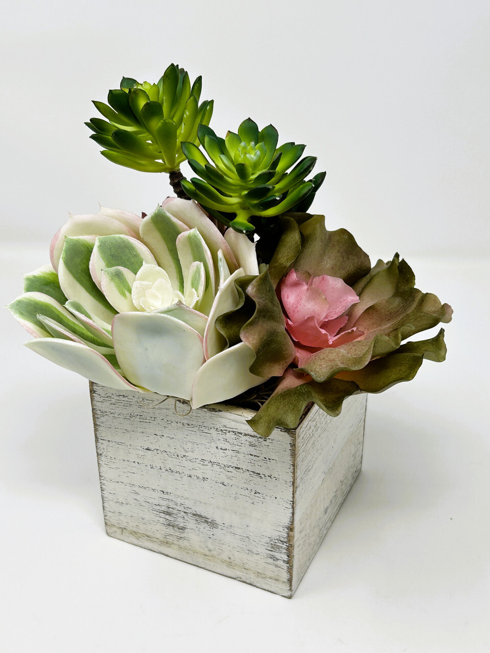 9″ Artificial MAUVE PINK mixed Succulent Garden #17, White Wooden Box Planter