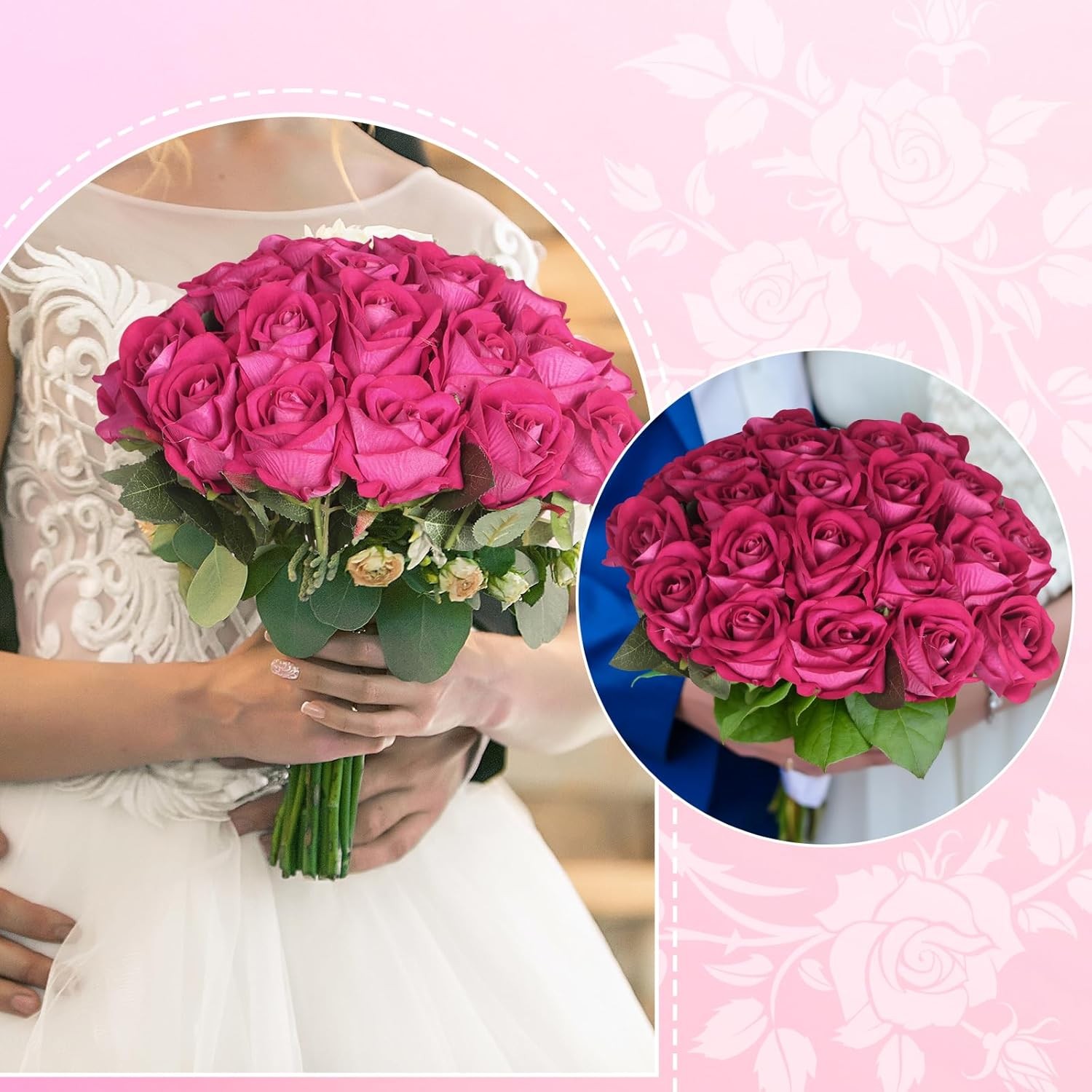 90pcs Fake Hot Pink Roses Artificial Flowers Bulk Realistic Silk Faux Rose with