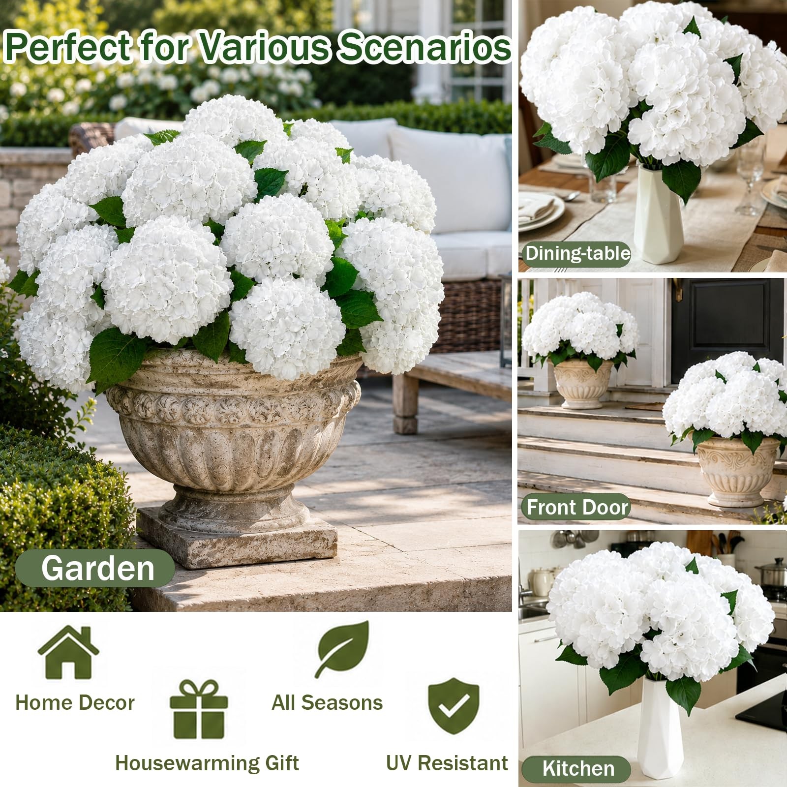 4PCS White Hydrangea Artificial Flowers, UV Resistant Faux Hydrangeas Flowers…