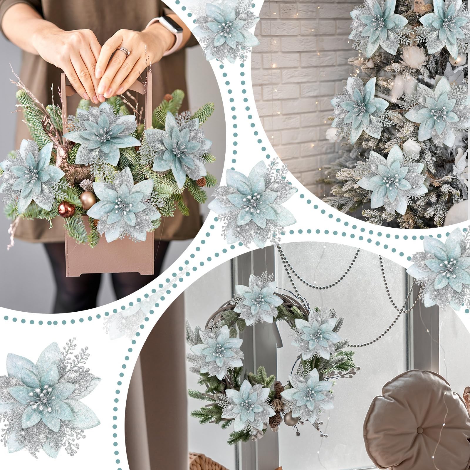 Christmas Glitter Poinsettias 12 PCS 6.3 Inch with Clips Ice Green Silver