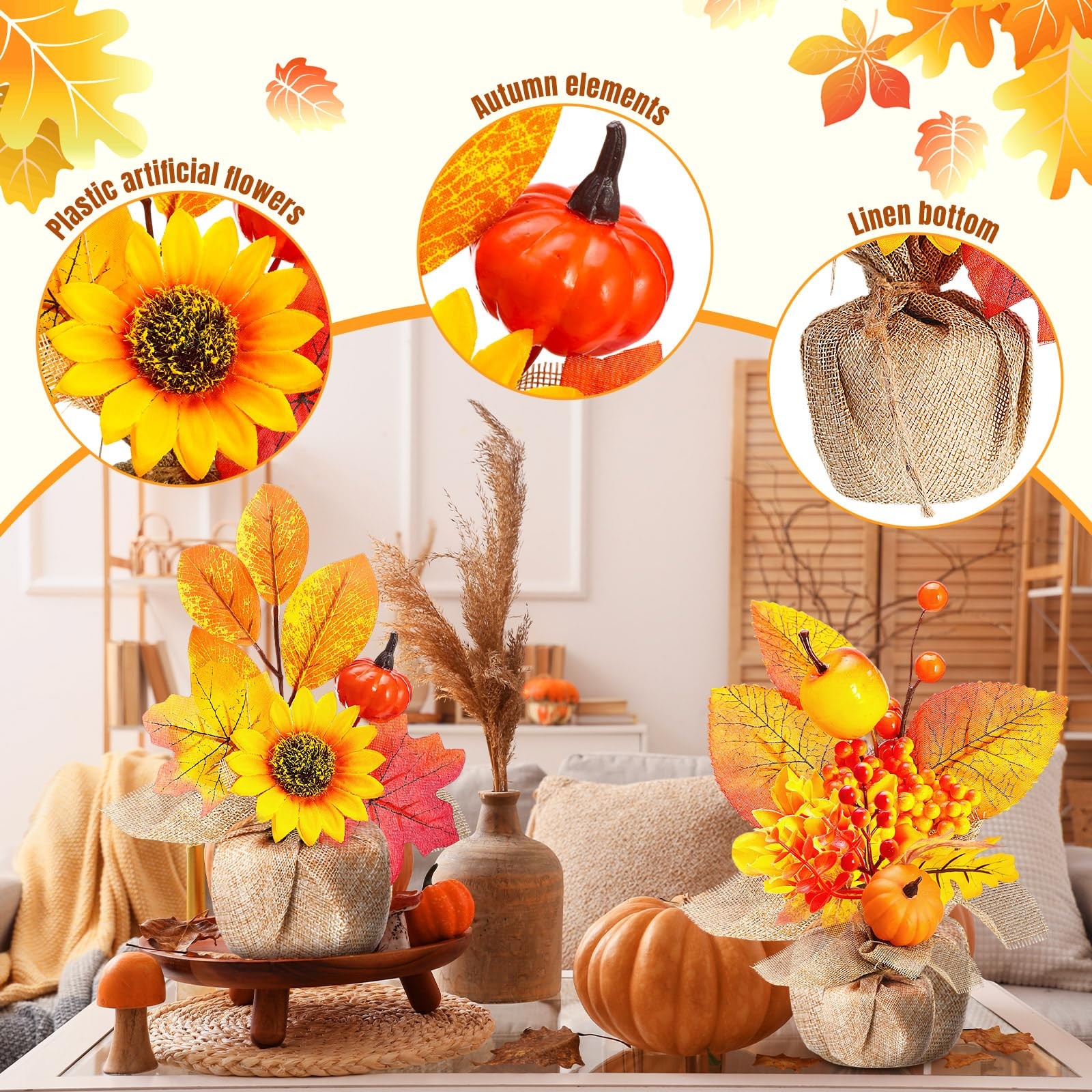 10 PCS Fall Artificial Potted Flowers Pumpkin Sunflower Maple Leaf Decor