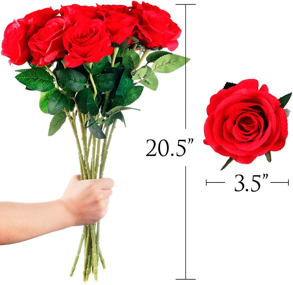 12PCS Red Roses Artificial Flowers, Fake Roses with Long Stems Realistic Silk Ro