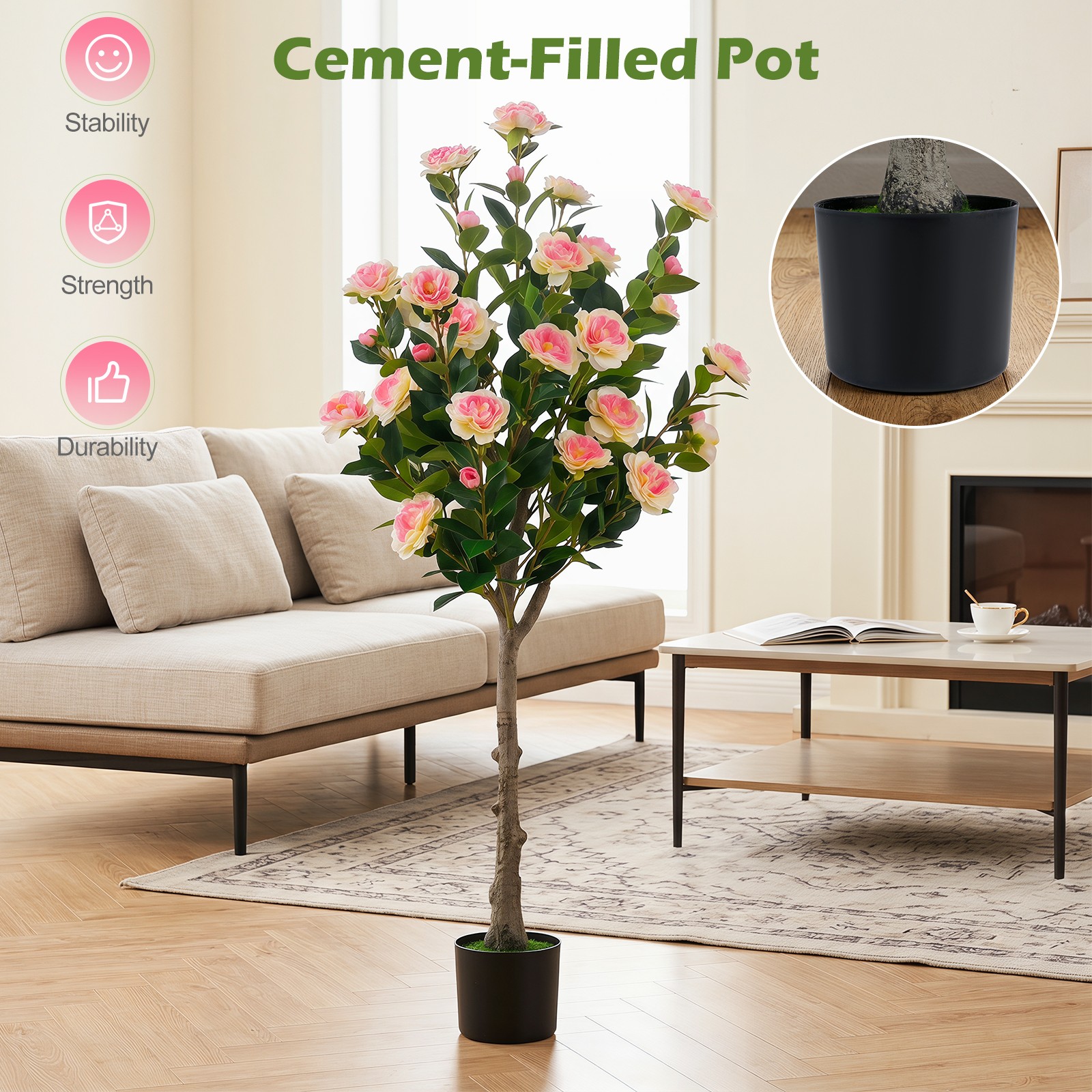 2PCS 50.5” Artificial Camellia Tree w/27 Camellia Blossoms in Cement-Filled Pot