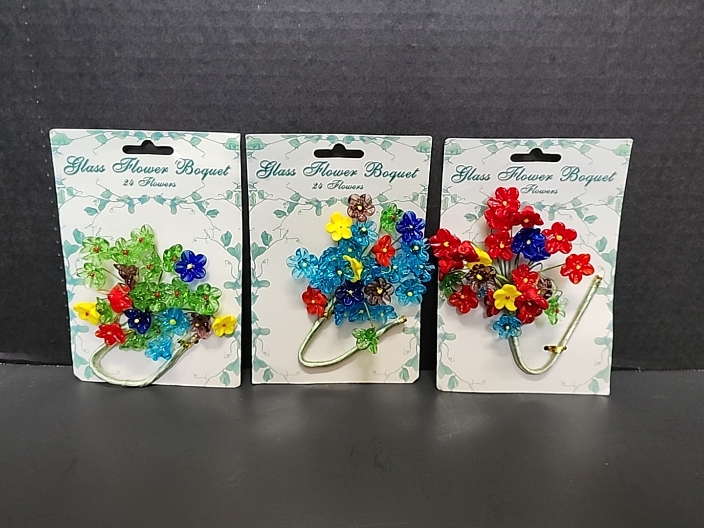 24 Mini Glass Flowers Wire Stem Bouquet Red Blue Yellow Green Purple NOS Lot 3