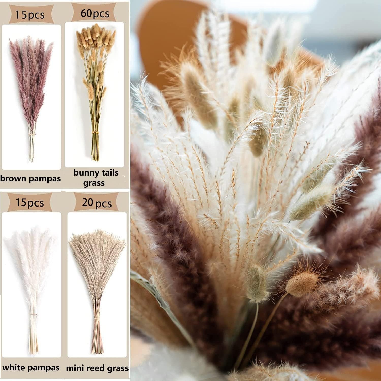 Elegant 110 PCS Dried Pampas Grass Mix for Timeless Boho Decor and Centerpieces