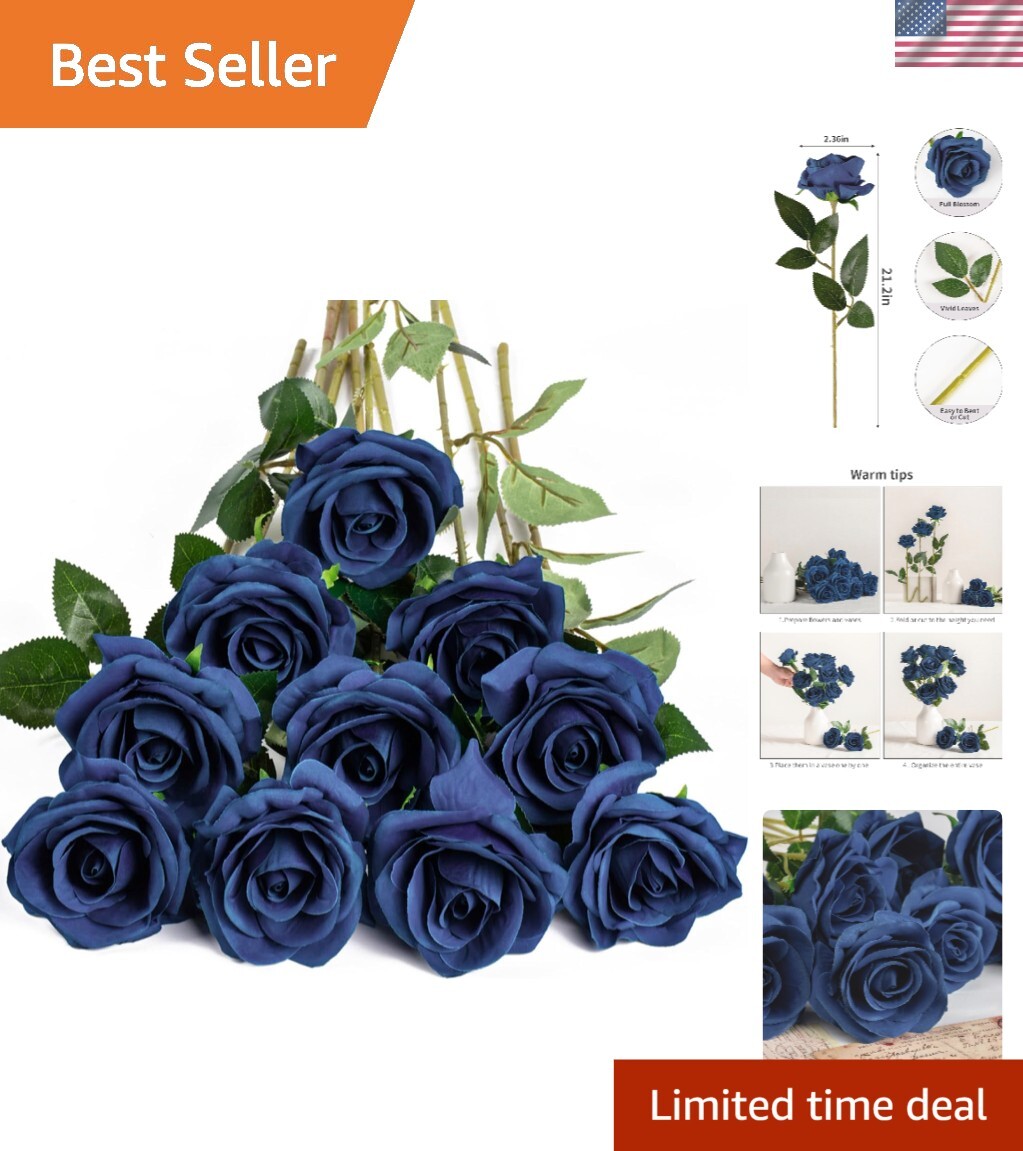 Pack of 10 Navy Blue Silk Roses – Perfect for Wedding Arrangements & DIY