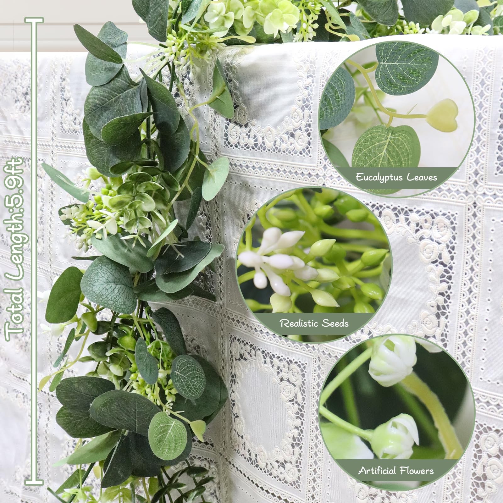 MAKHOT 5.9FT Eucalyptus Garland, Artificial Greenery Garland Flower, Green Garla