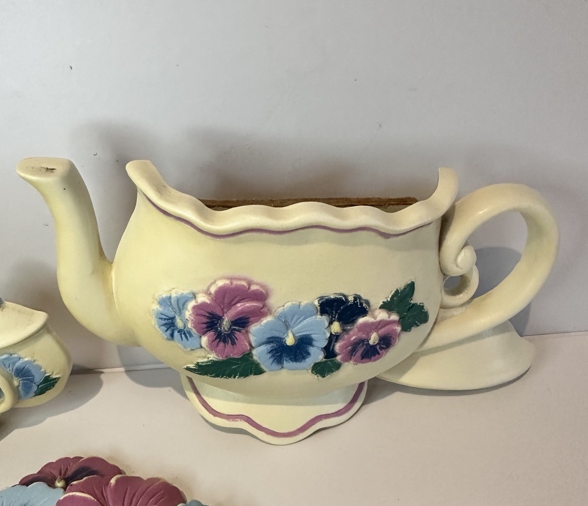 Vintage Burwood Pansy Flower & Teapot Wall Hanging Plaques Set (3)