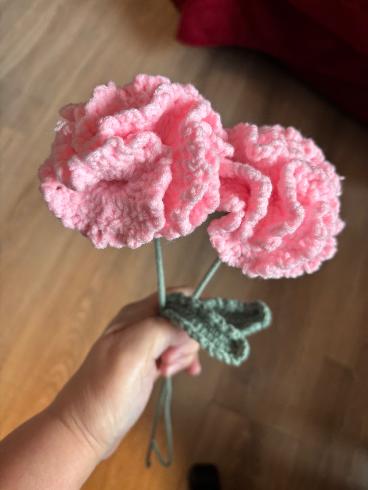 Crochet Pink Carnation Flower Bouquet 17″ Tall with 8.75″ Tall Glass Bud Vase