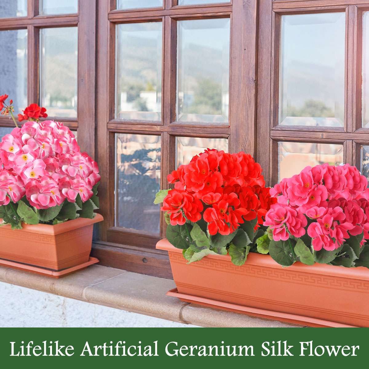 2 Pcs Artificial Geraniums Silk Flowers Outdoor Artificial Geranium Bush Red