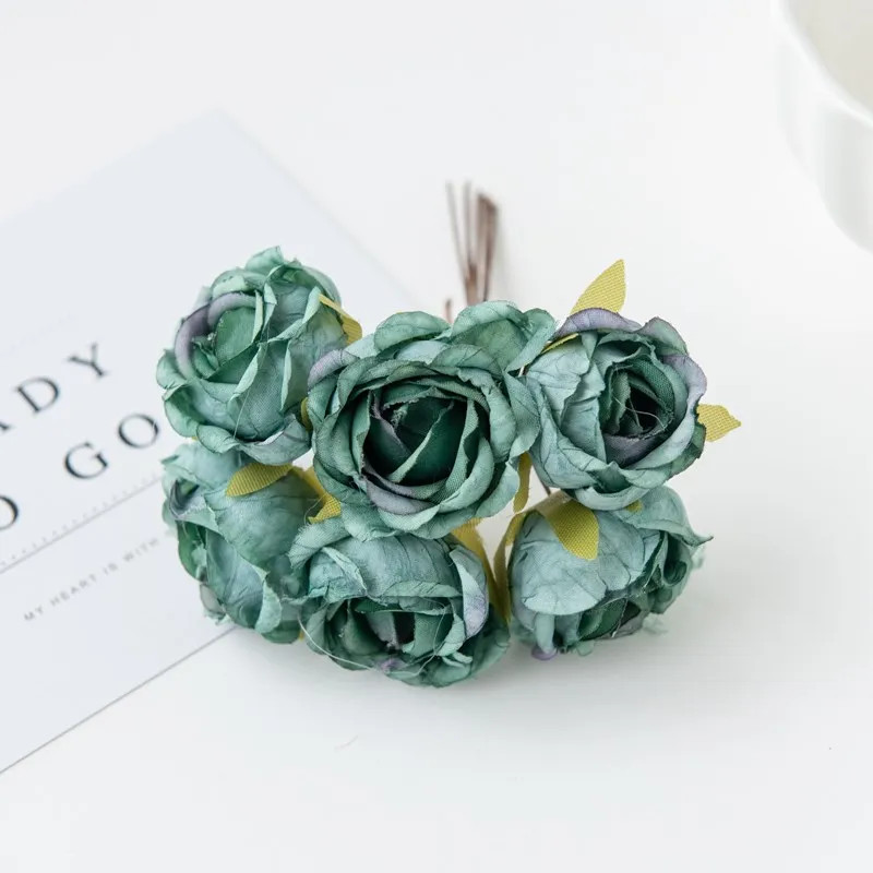6Pcs Artificial Silk Tea Rose Mini Bouquet for Wedding Christmas Diy Home Decor