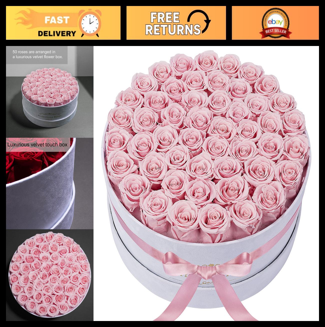 50-Piece Velvet Box of Preserved Pink Roses – Perfect Birthday Gift for Women, M