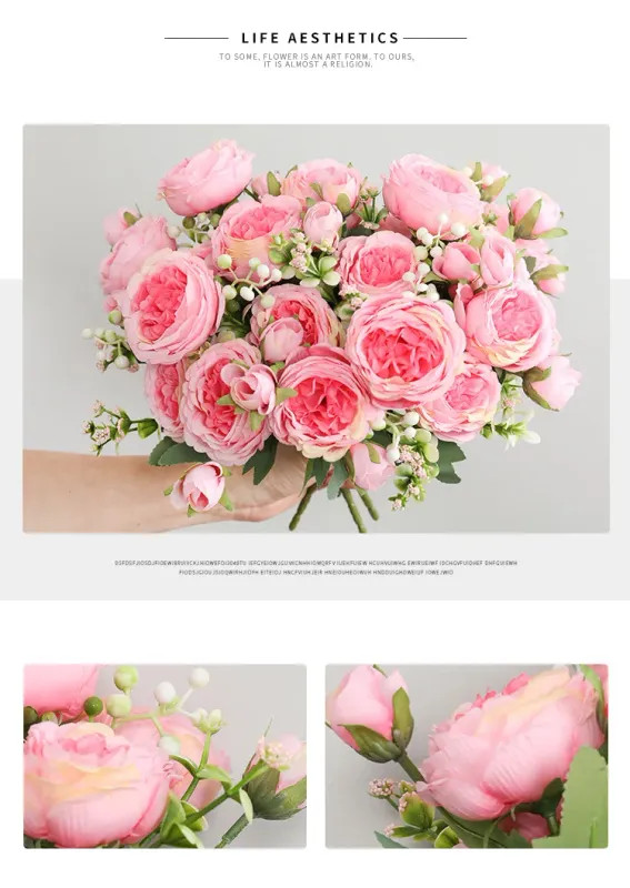 30cm Rose Pink Silk Peony Artificial Flowers Bouquet 5 Big Head and 4 Bud Cheap