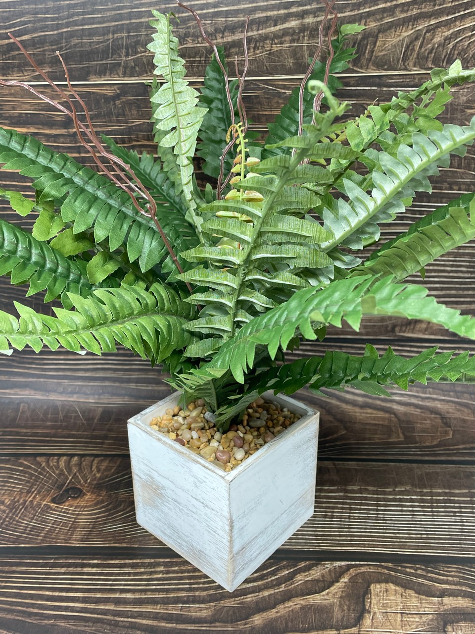 15″ Potted faux Boston Fern Silk plant in White wood box, handmade original by