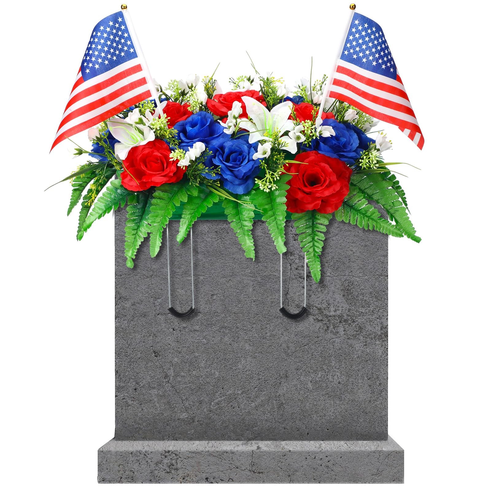 Patriotic Headstone Flower Saddle with American Flags, Red White Blue 4th of …