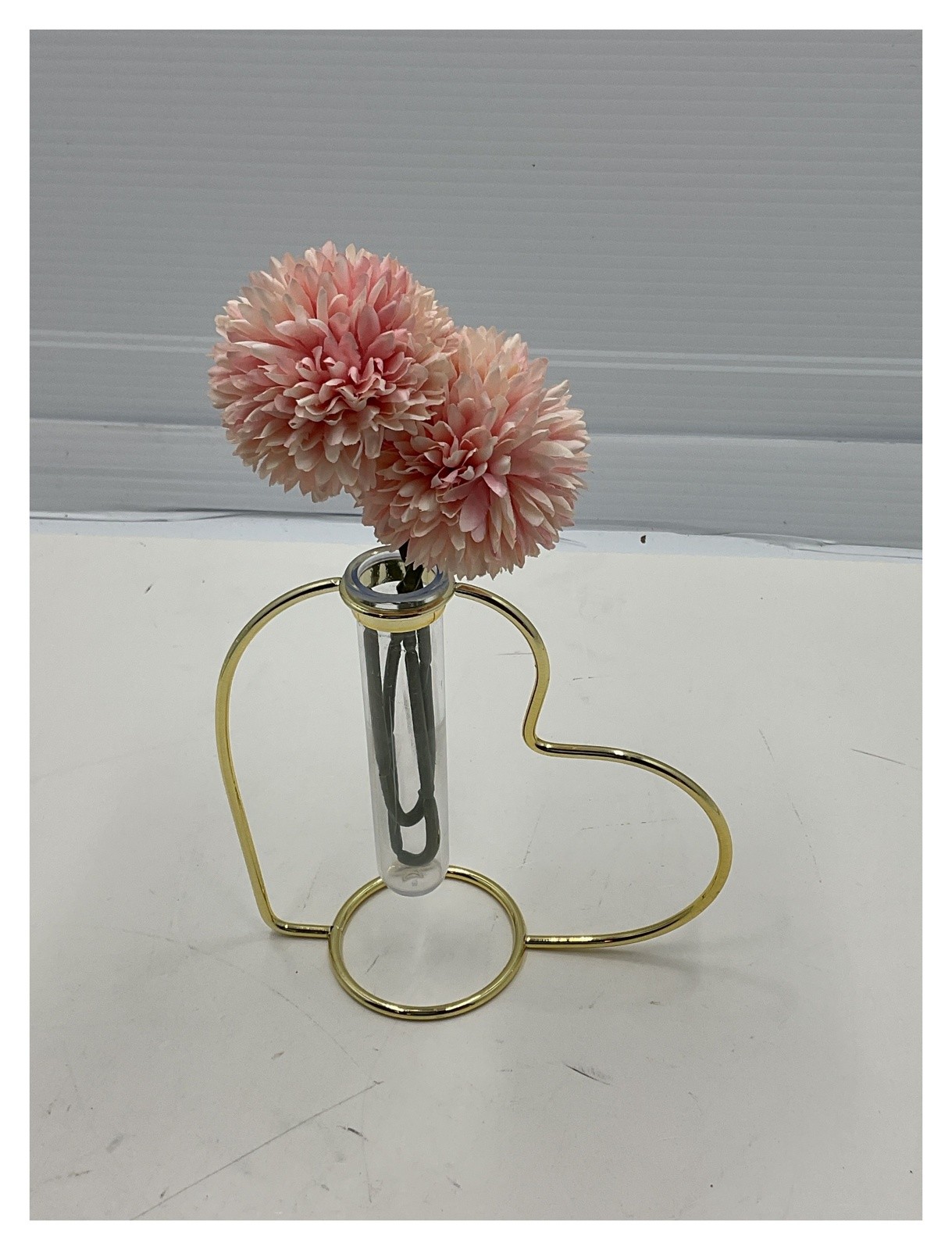 Unbranded Gold Metal Heart Bud Vase Pink Artificial Pom Pom Arrangement 8″