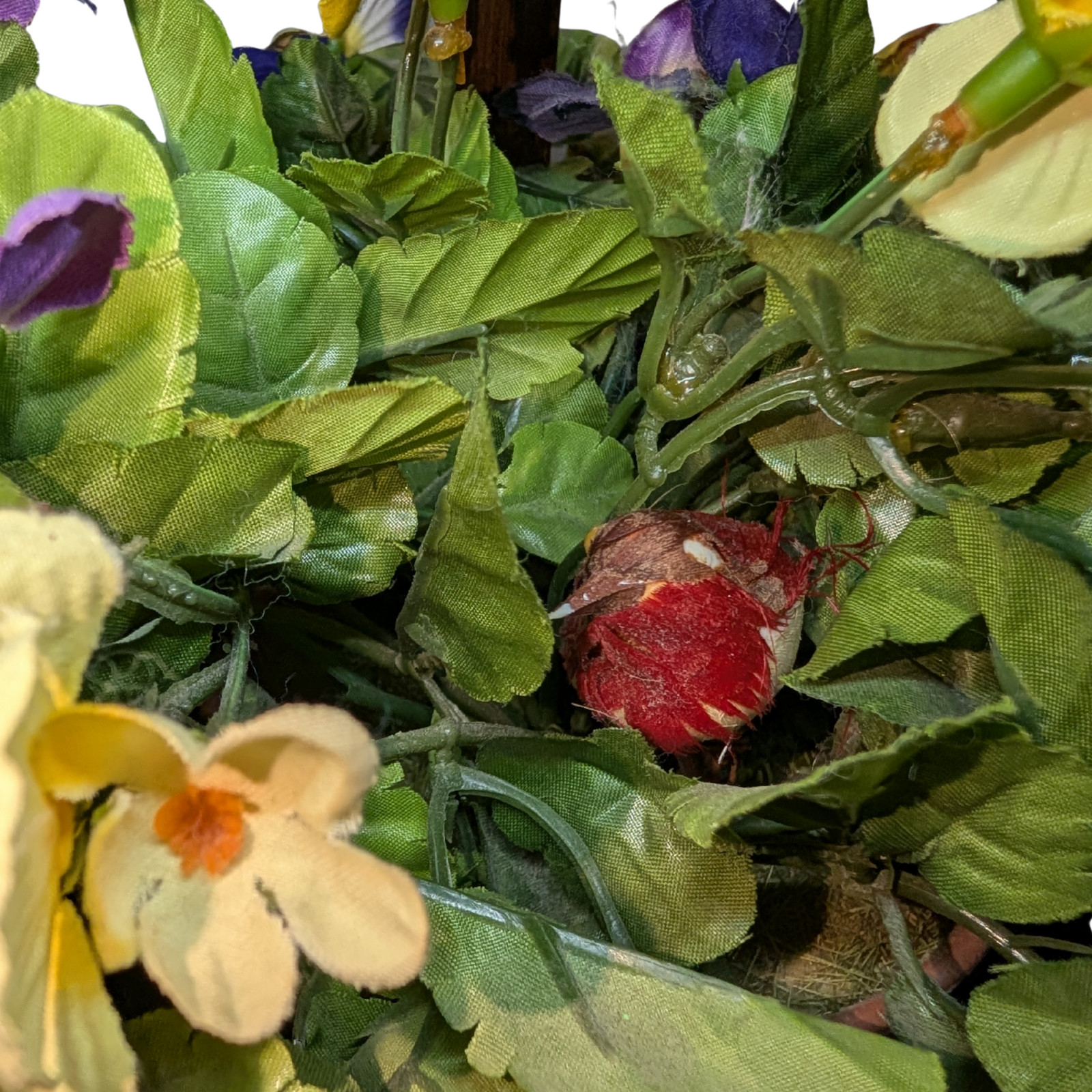 Vintage Cottage Woven Wood Basket with Silk Flowers & Bird Decor