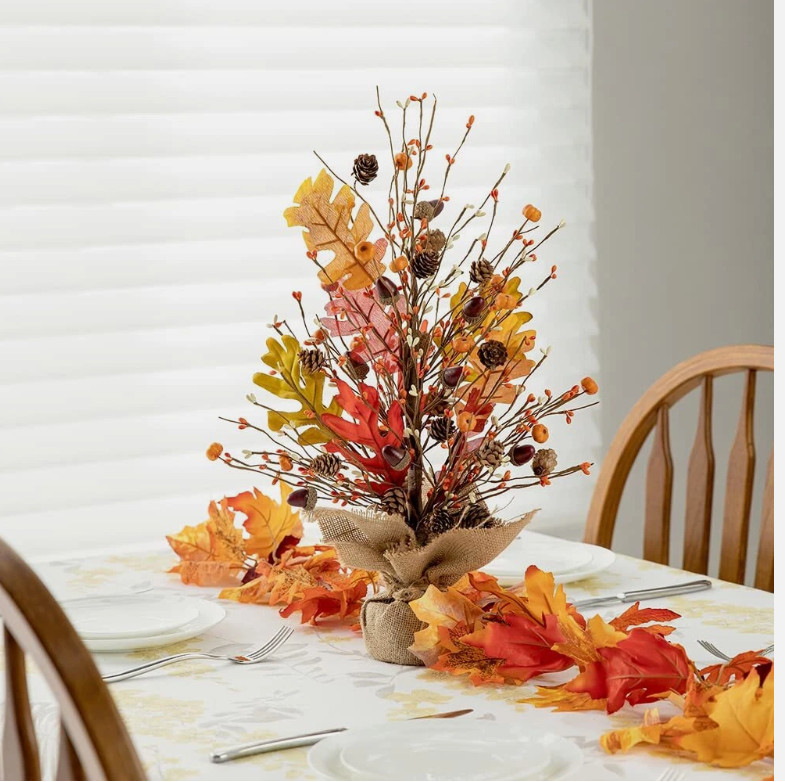 20″ H Fall Harvest Pumpkins Table Tree with Burlap Base Decorative Berries