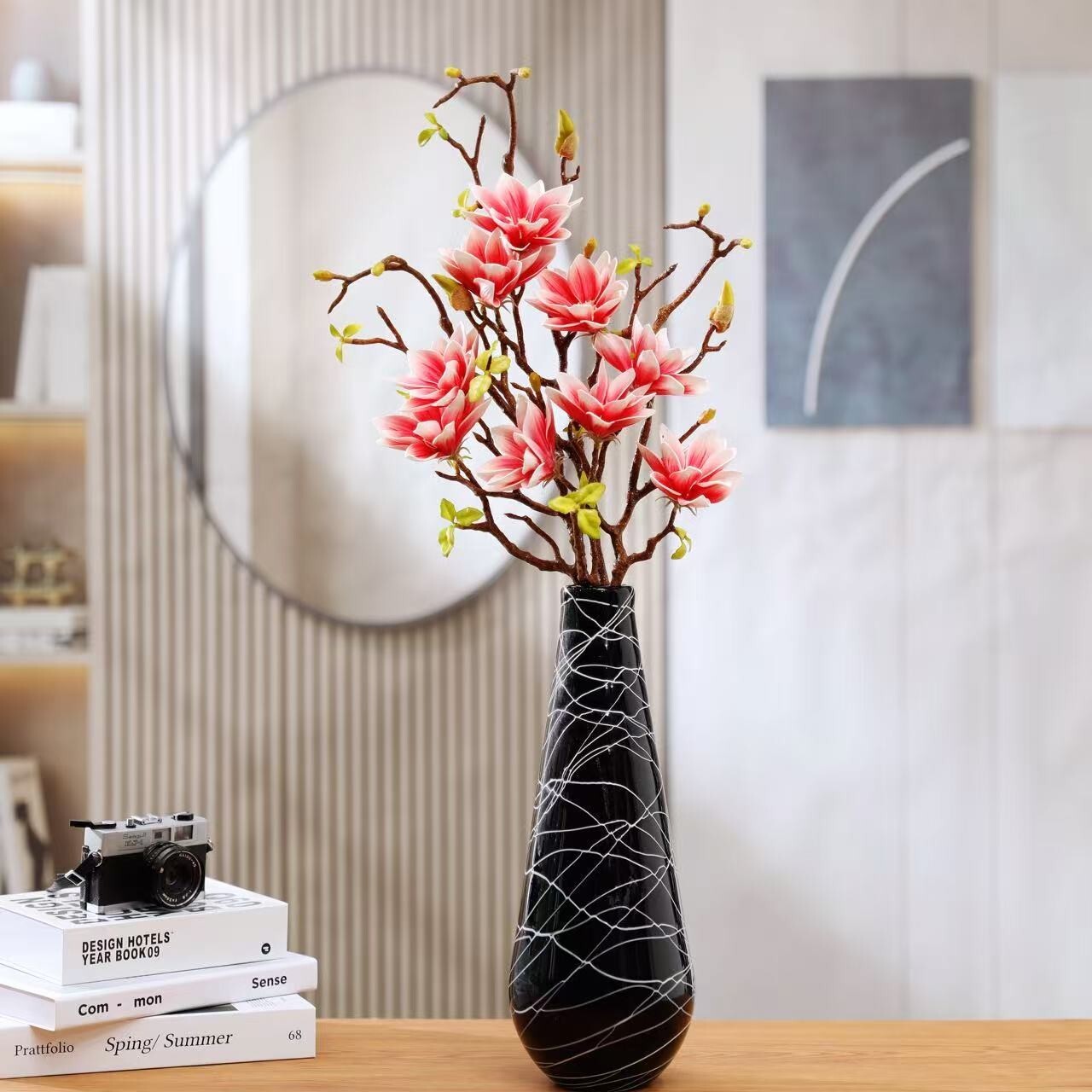 3Pcs-Artificial Magnolia Flowers, 9 Blooms, Long Bendable Stems for Décor