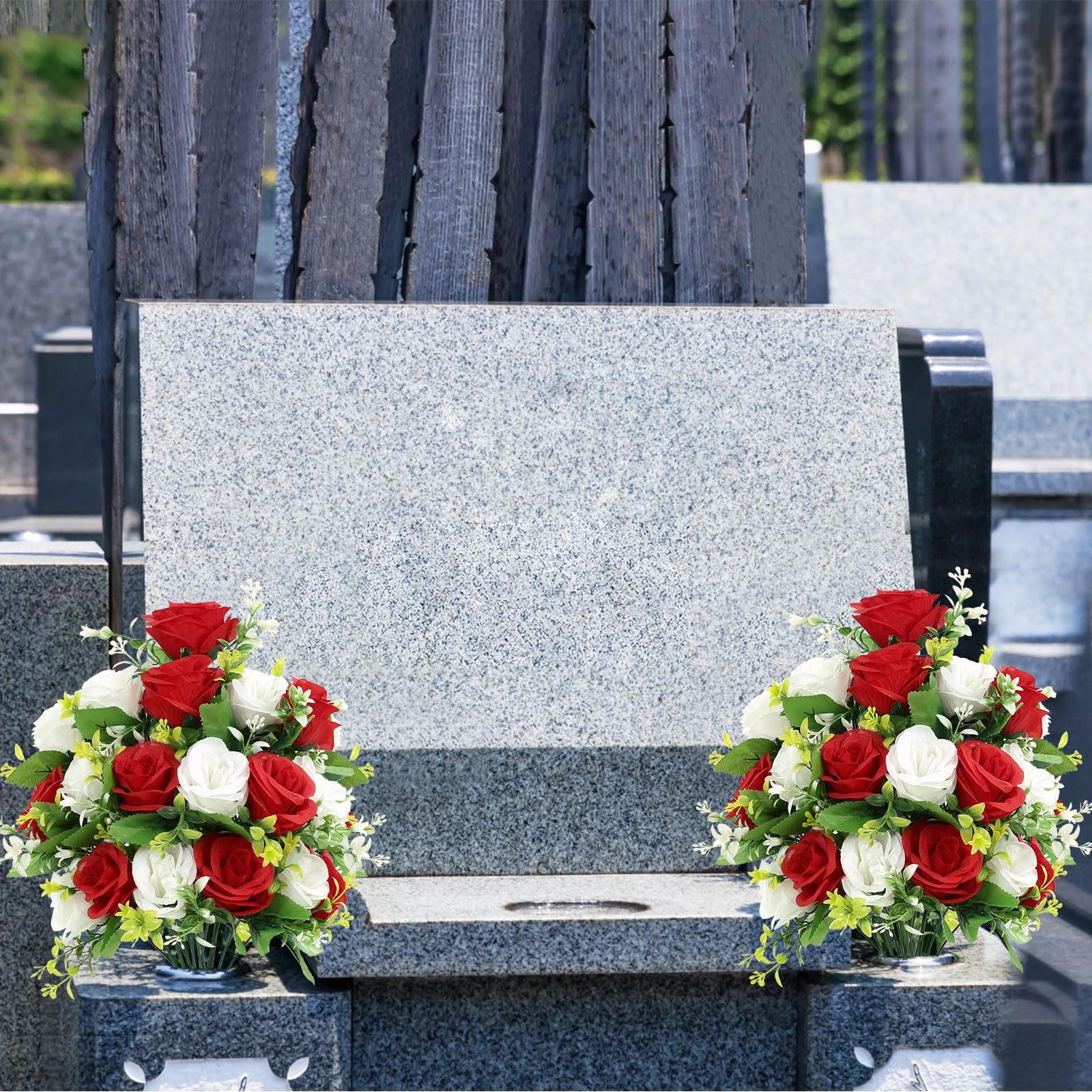 2pcs Artificial Cemetery Flowers with Vase, Silk Memorial Day Rose Flowers Bo…