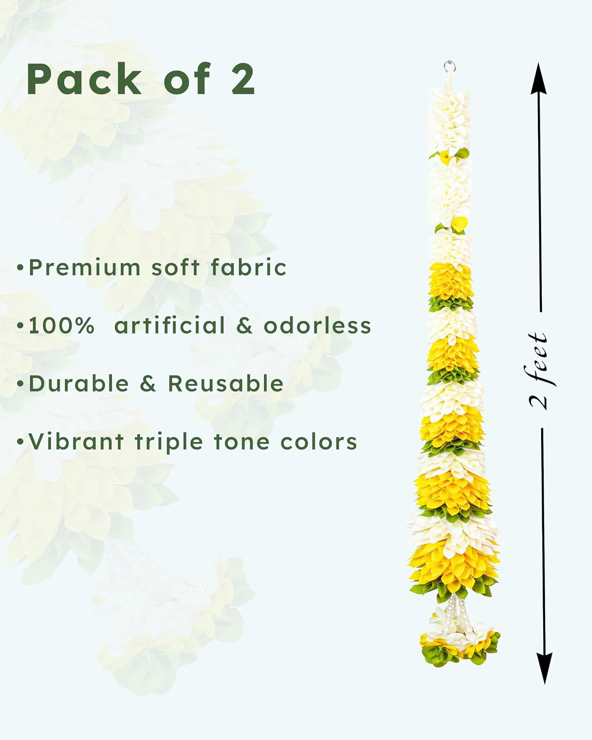 Meezo Flower Garland –5 Feet Cloth Flowers with Green Leaf Accents, Diwali Decor