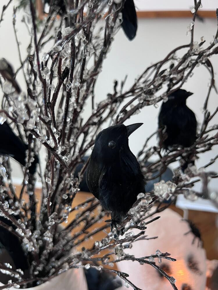 Artificial Icy Branches with Crows Arrangement Kit for Halloween & Fall